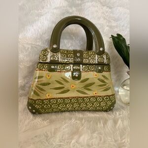TempTations Old World Olive Green Purse shaped Jar with handle Lid Made In China